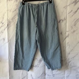 VTG 90s DENIM & CO STRIPED STRETCH WAIST DENIM CROPPED ANKLE PANTS BLUE/WHITE
